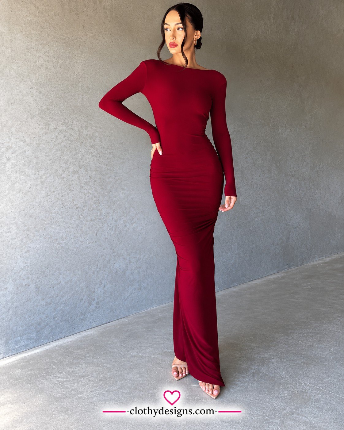 Women’s Ruched Deep V-Neck Maxi Dress – Elegant Long Sleeve Knit Party Gown